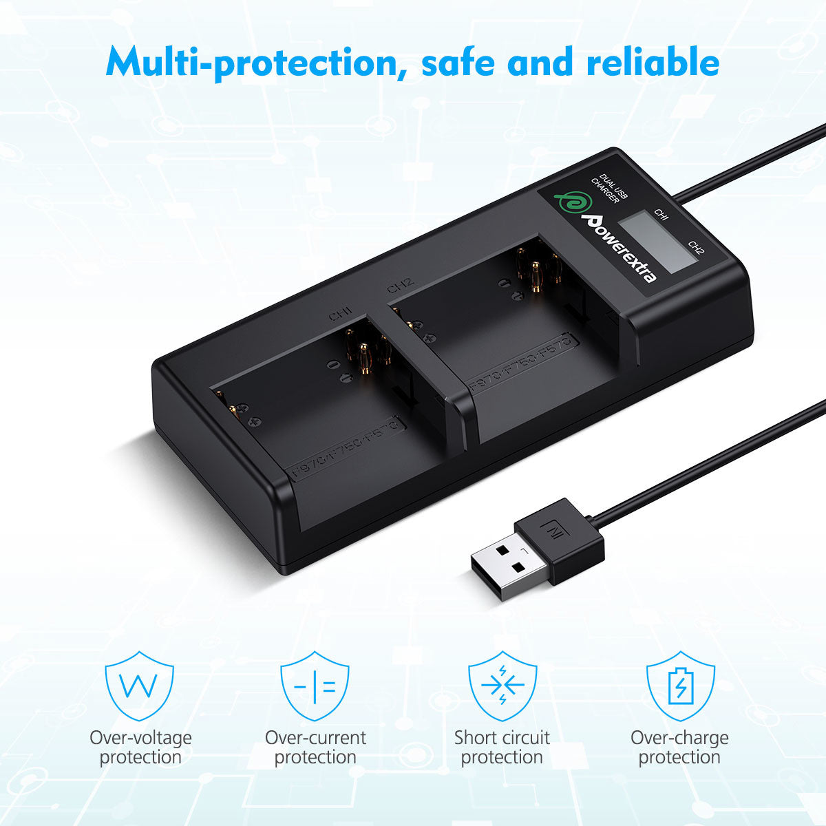 Powerextra Sony NP-F970 Battery Charger with USB LCD Display
