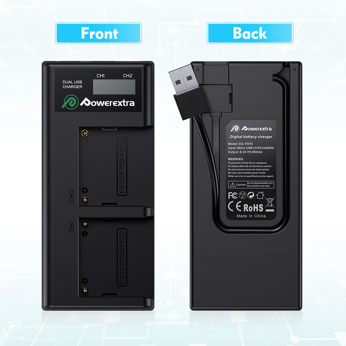 Powerextra Sony NP-F970 Battery Charger with USB LCD Display