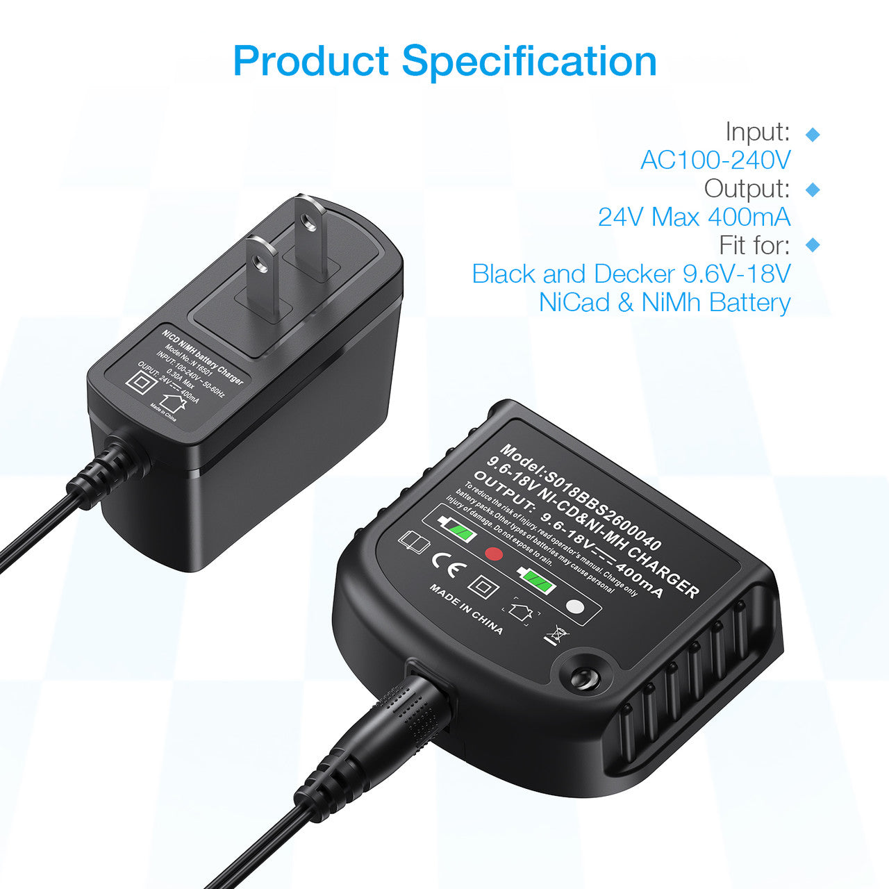 Suitable for Ni-cd&Ni-Mh Battery Charger 9.6V/12V/14.4V/18V for