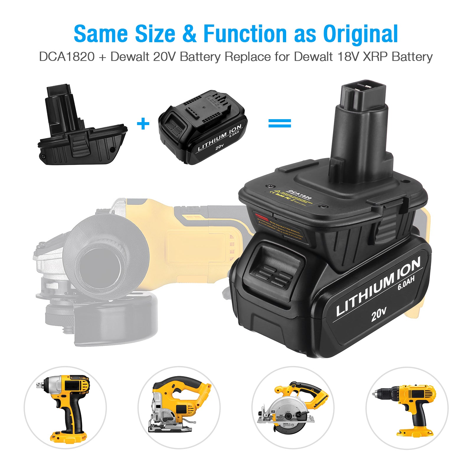 Dewalt 20V Lithium Replacement Battery 6.0Ah and DCA1820 Adapter