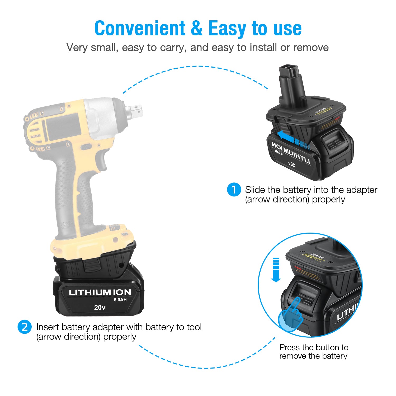 Dewalt 20V Lithium Replacement Battery 6.0Ah and DCA1820 Adapter