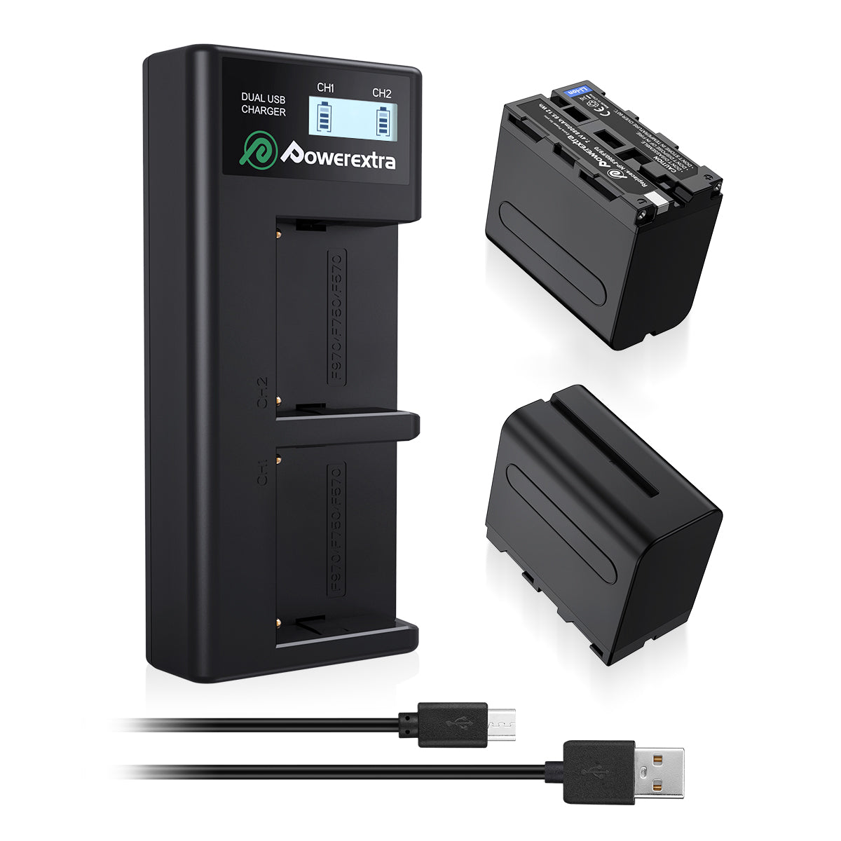 Powerextra Replacement Sony NP-F970 Battery and Dual Charger with USB LCD Display